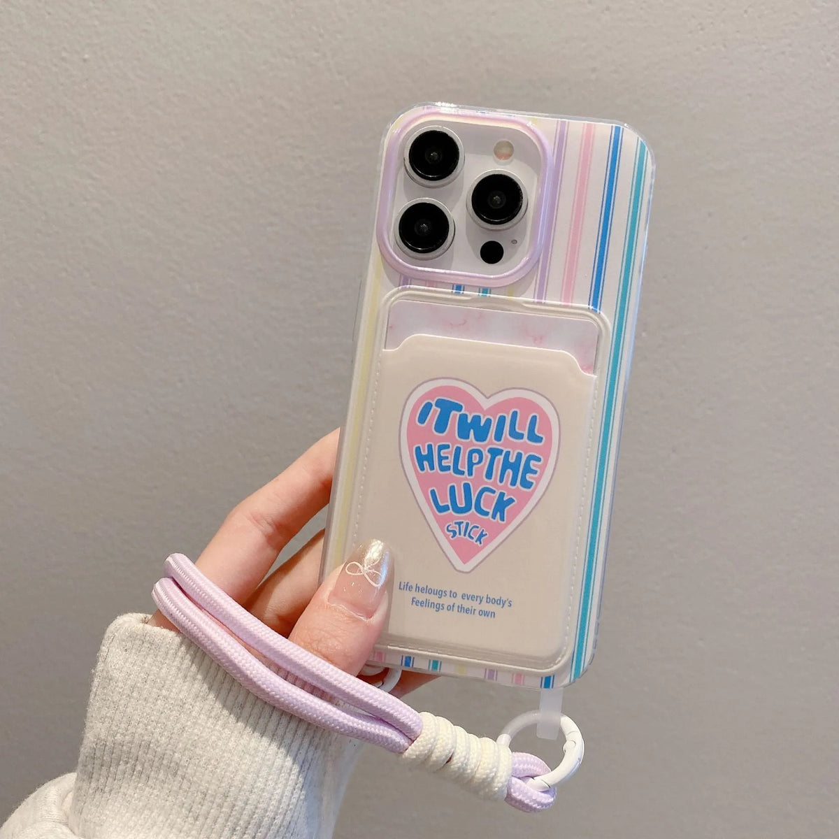 Cartoon lanyard phone case with card holder in Coconut Puppy colour for iPhone 15