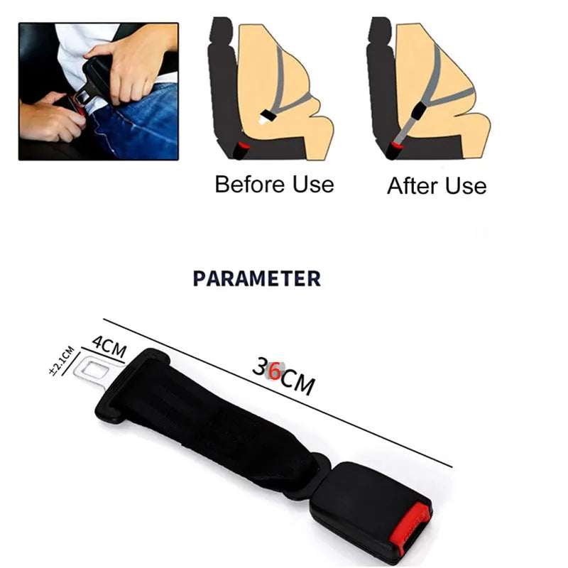 Black car seat belt extender with 36cm ribbon extension strap and 21mm belt insert