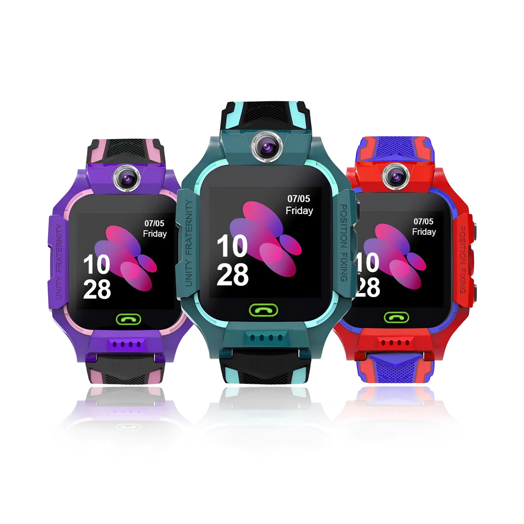 Student smart watch with touchscreen display and silicone wrist strap in pink, blue, or red colours