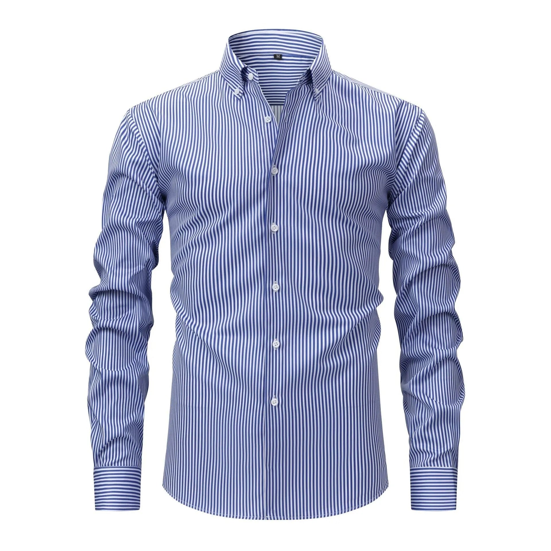Man wearing a striped long-sleeved business casual shirt with a lapel collar.