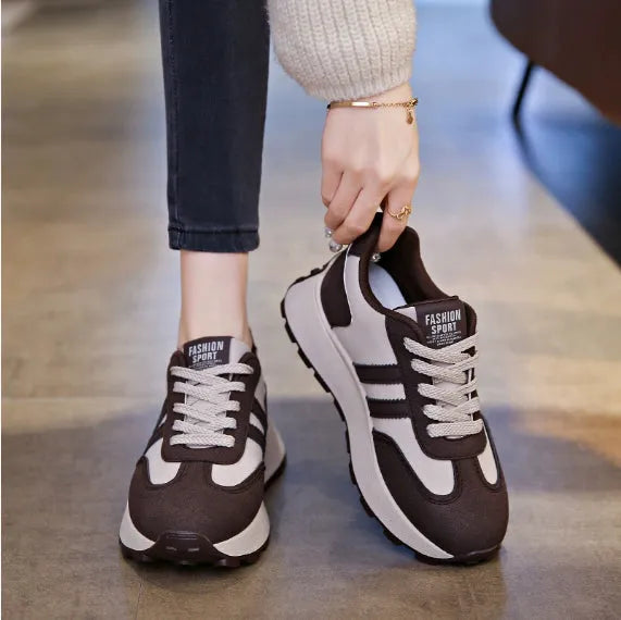 Ladies' thick soled casual shoes with stripe pattern, synthetic leather upper, round toe, in black, yellow, and coffee colours
