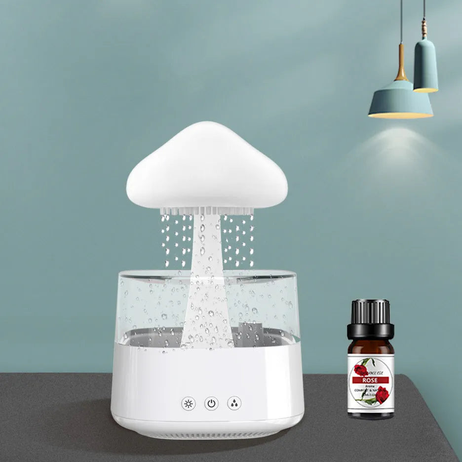 Desk humidifier with raining cloud night light effect and aromatherapy function in wood grain finish