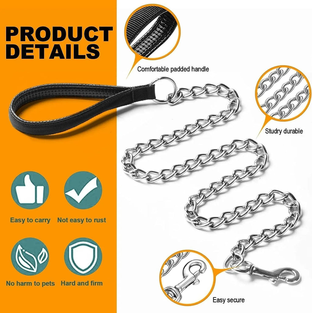 Heavy duty metal dog leash with soft padded handle showing black colour option