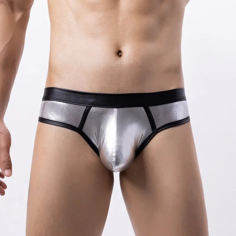 Men's gold patent leather-look bikini swim briefs with low-rise waist