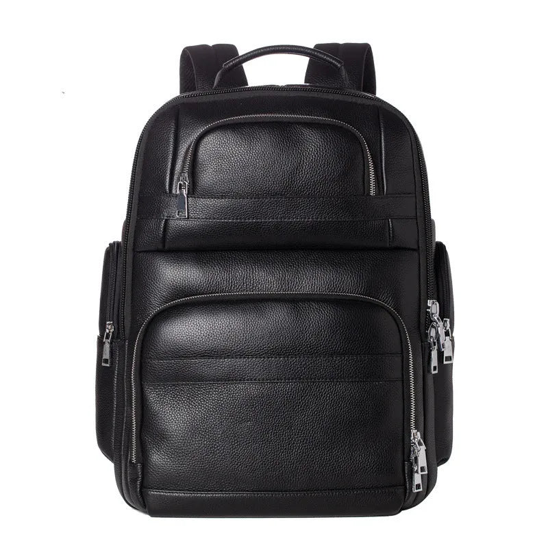 Black genuine leather men's travel backpack with first layer cowhide and nylon lining