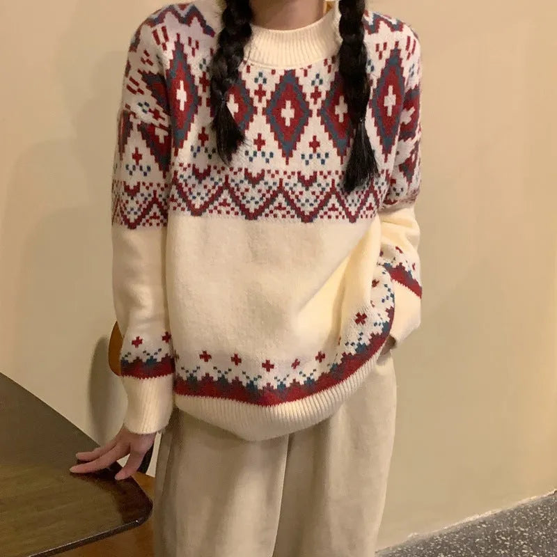 Striped loose retro pullover knitted top in polyester fibre with long sleeves