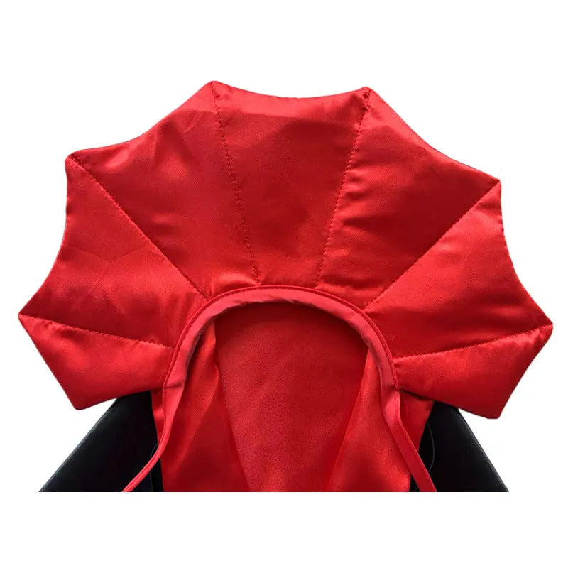 Halloween costume on a pet showing a red bat cloak and pointed devil hat.