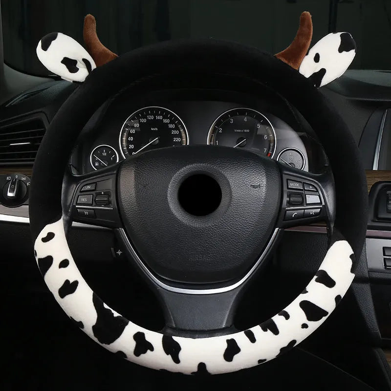 Plush car steering wheel cover with protective handle in black or coffee brown colours