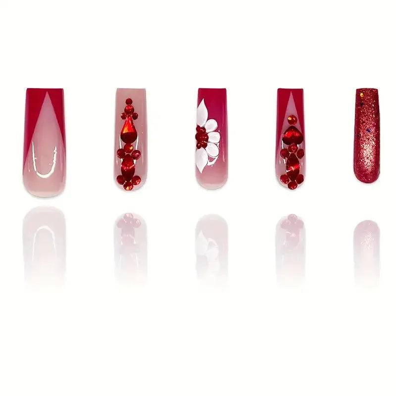 Sweet flowers temperament prismatic red diamond removable fake nails with long European Square shape