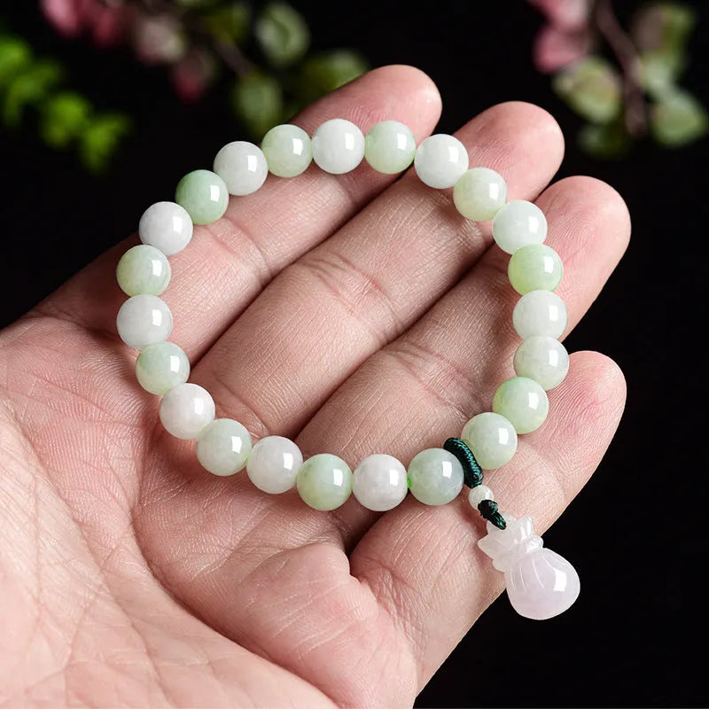 Ice jade bracelet with 8mm flower-shaped jade purse charm in national style