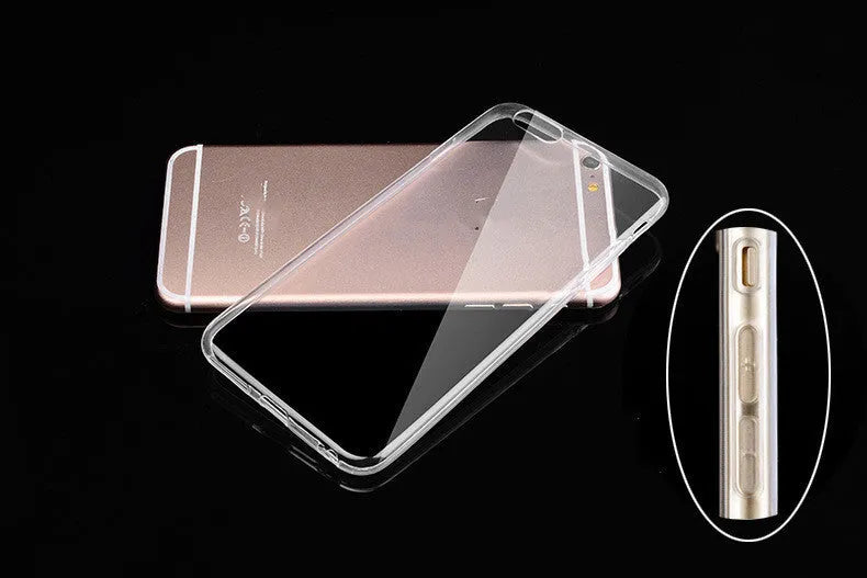 Transparent TPU soft shell mobile phone case for iPhone models on a white background.