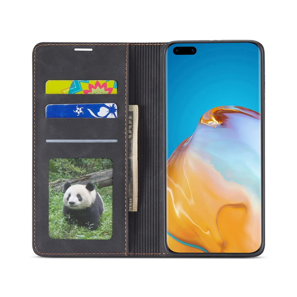 Flip leather phone case for Huawei P40 Pro with card slot, black colour, handmade PU and TPU construction