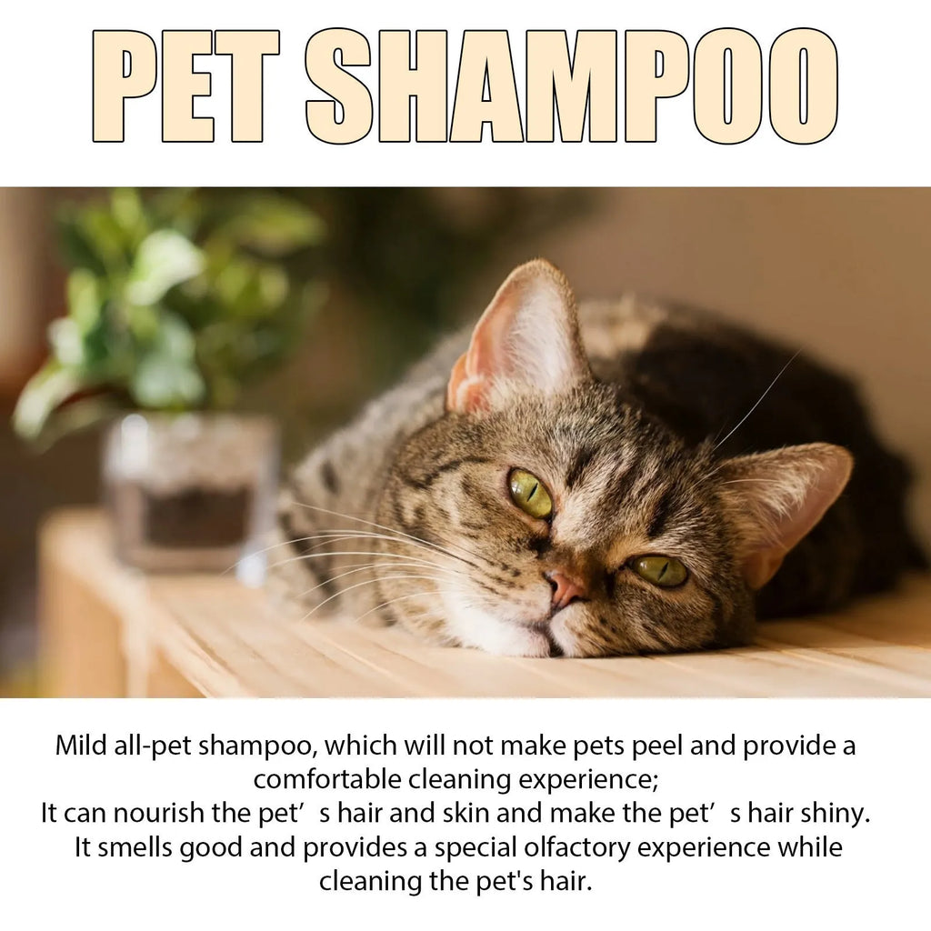 Mild pet shampoo bottle for cats and dogs with hair softening formula