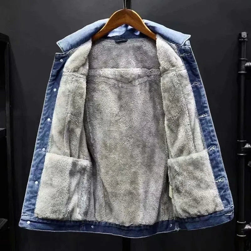 Men's loose fit fleece lined denim jacket in Dark Blue, cotton workwear top for autumn