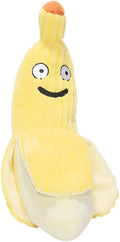 Yellow banana-shaped cat crinkle toy measuring 13 inches long with plush fabric