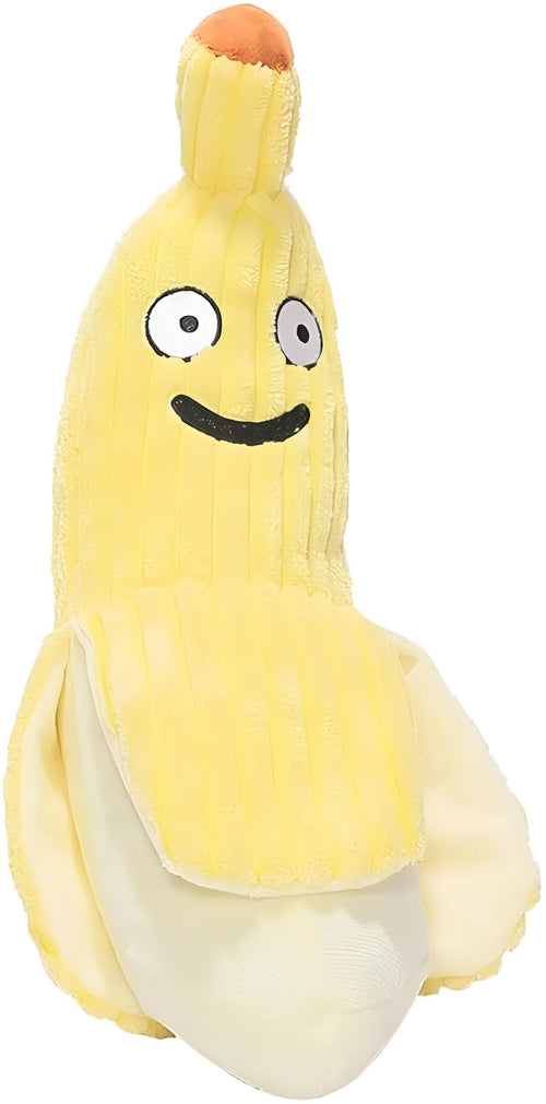 Yellow banana-shaped cat crinkle toy measuring 13 inches long with plush fabric