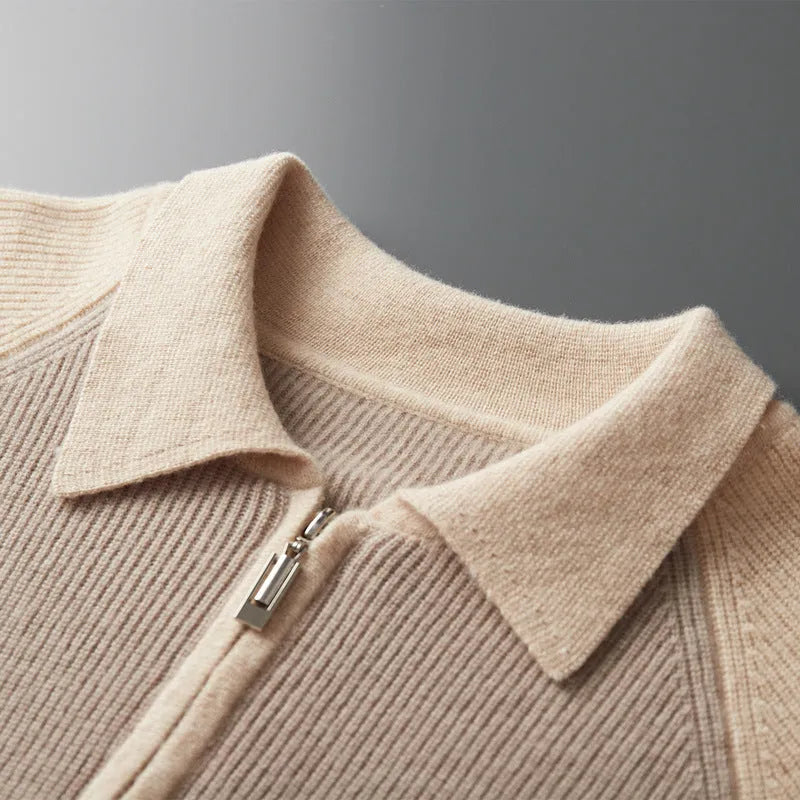 Men's wool half zipper contrast color lapel sweater in wheat camel colored slim fit winter pullover