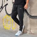 Stretch polyester sweatpants with zip pockets in deep gray, panel design, Asian sizing M-XXL