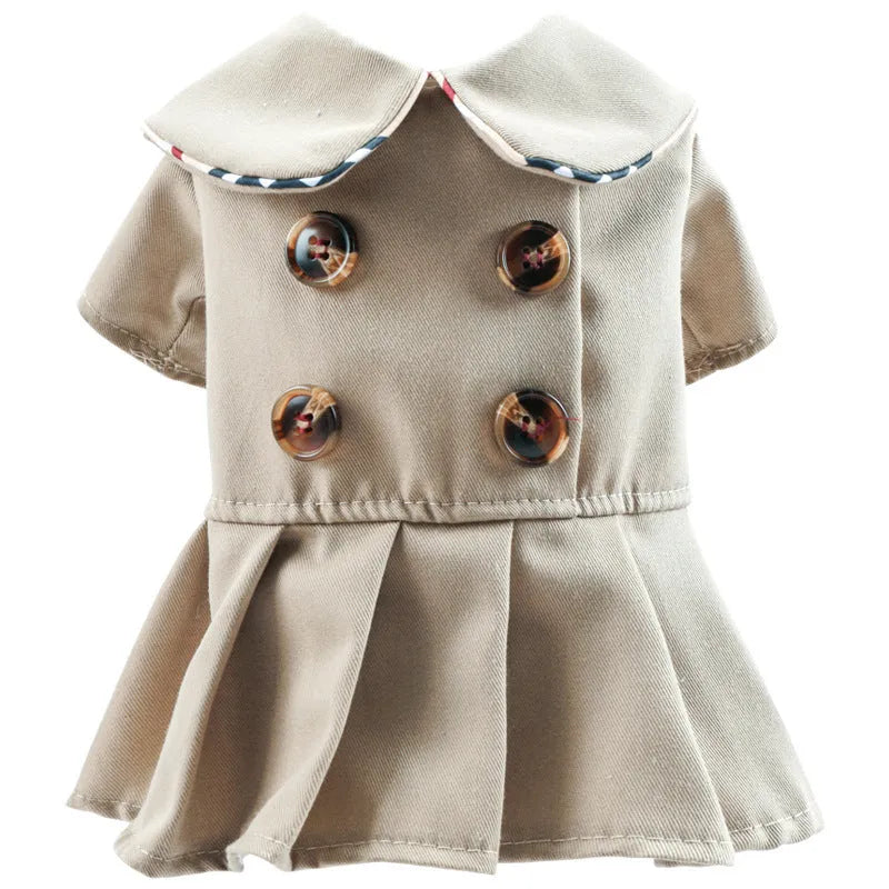 Khaki polyester trench coat for dogs on a neutral background showcasing front view and button closure