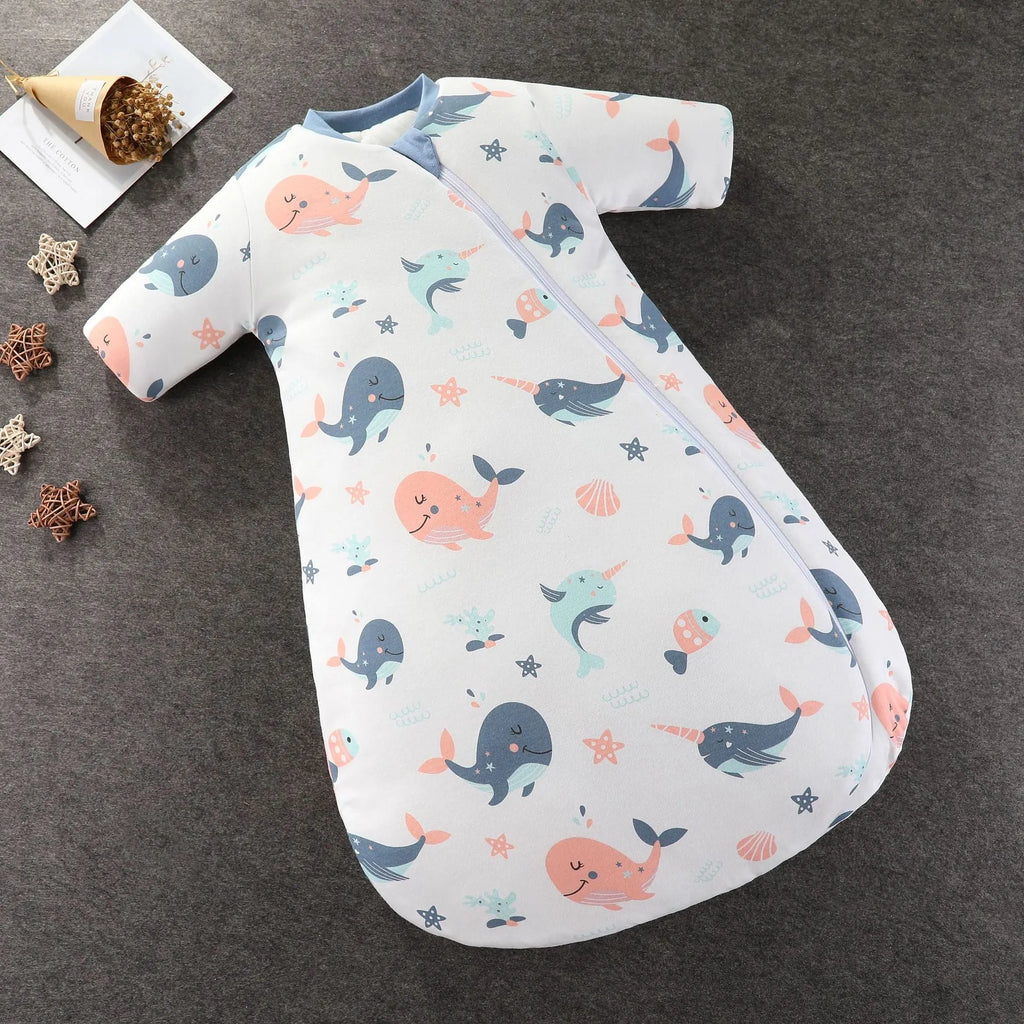 Baby pure cotton anti-kick quilt sleeping bag with cartoon pattern, 80cm length, thickened for autumn winter spring, size M and L
