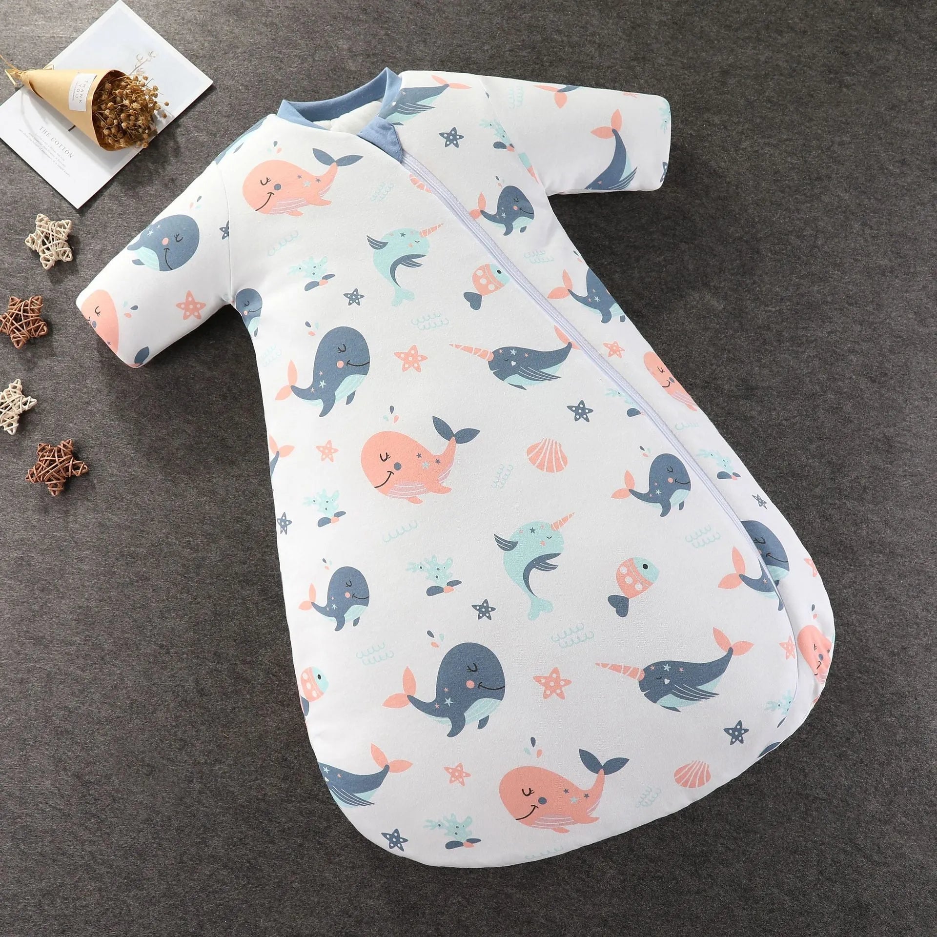 Baby pure cotton anti-kick quilt sleeping bag with cartoon pattern, 80cm length, thickened for autumn winter spring, size M and L