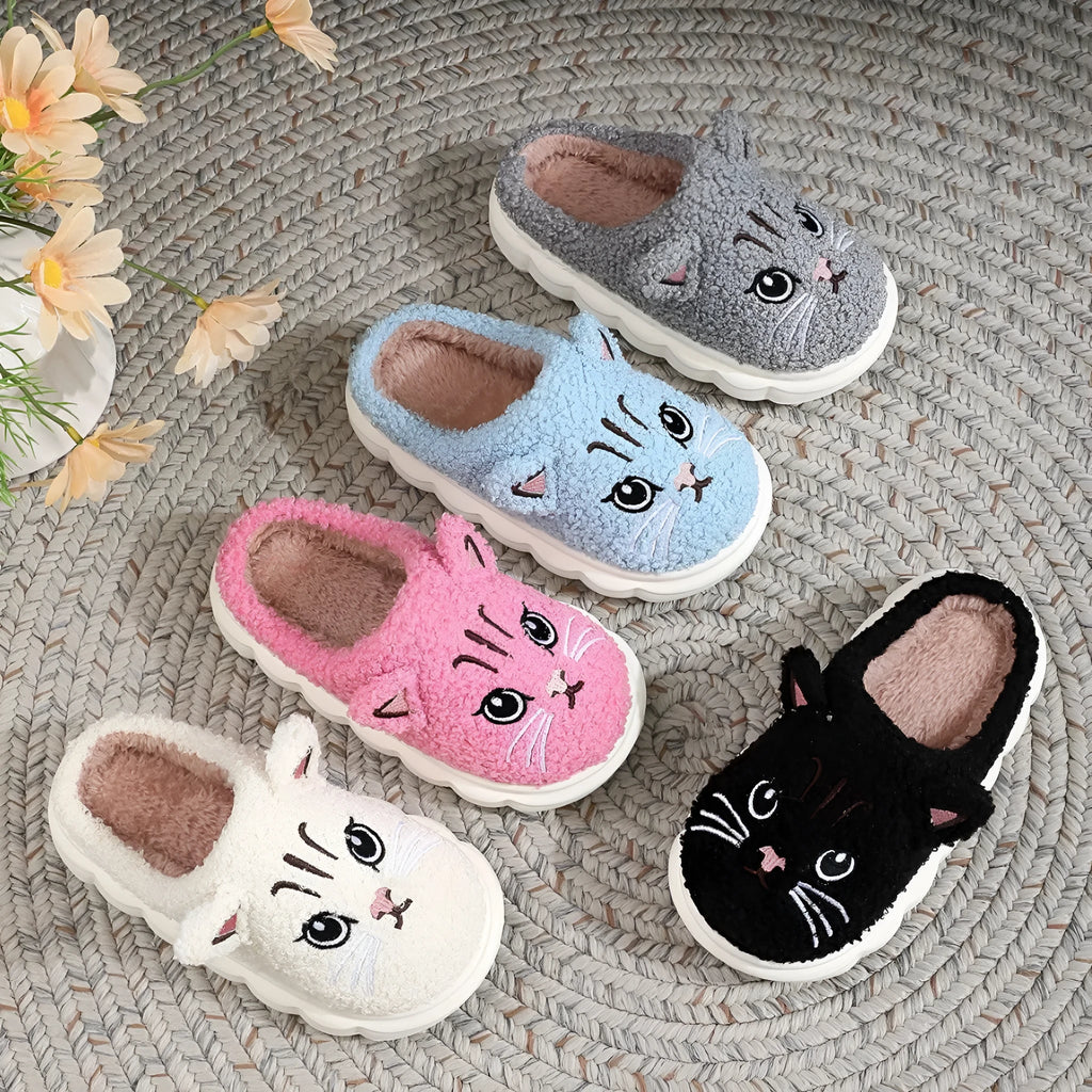 Cartoon cat fluffy slippers with plush upper and EVA sole in pink and gray colour options