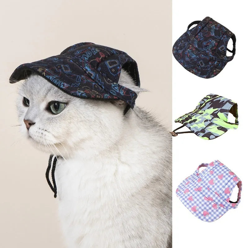 Pet baseball cap made of canvas with adjustable sizing, shown in a plaid pattern for sun protection