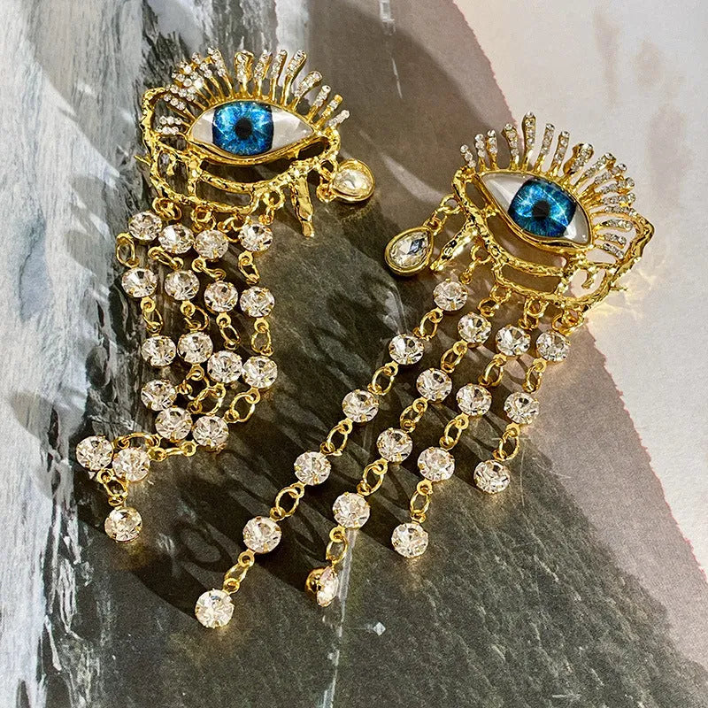 Gold plated artificial crystal zircon long tassel earrings with vintage eye design and Sterling Silver needle