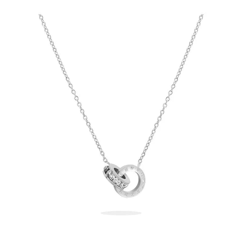 Rome double ring titanium steel necklace for women with steel grey electroplated finish on O-link chain