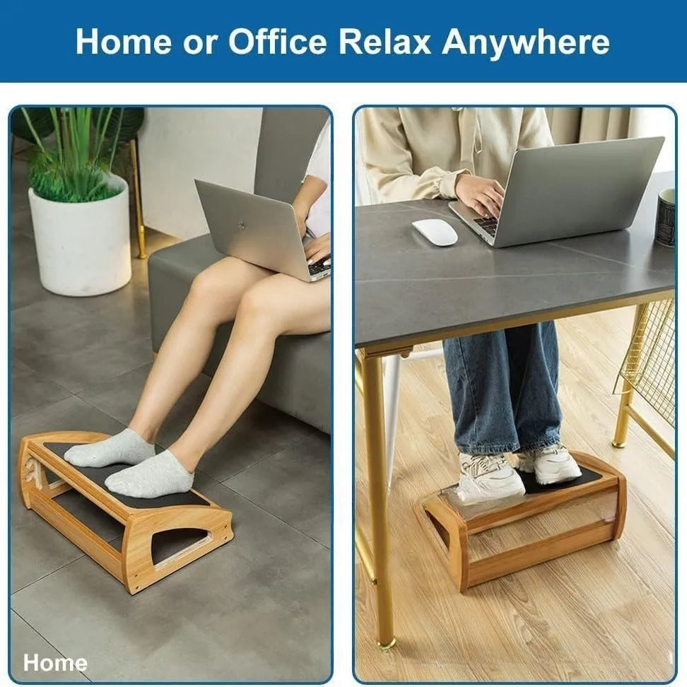 Wooden adjustable bamboo desk footstool in natural wood colour for adult office use