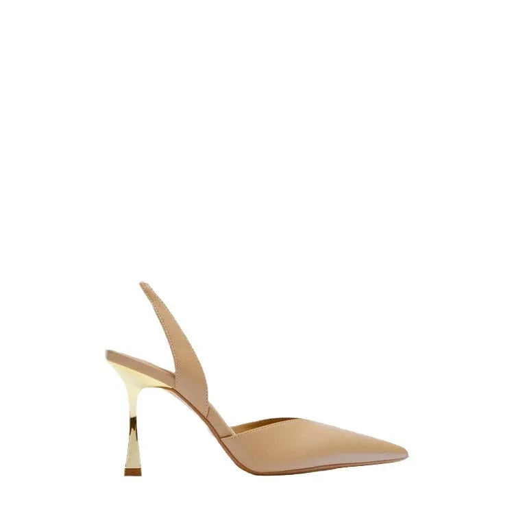 Women's glossy patent leather pointed toe high heels in black and apricot colours.