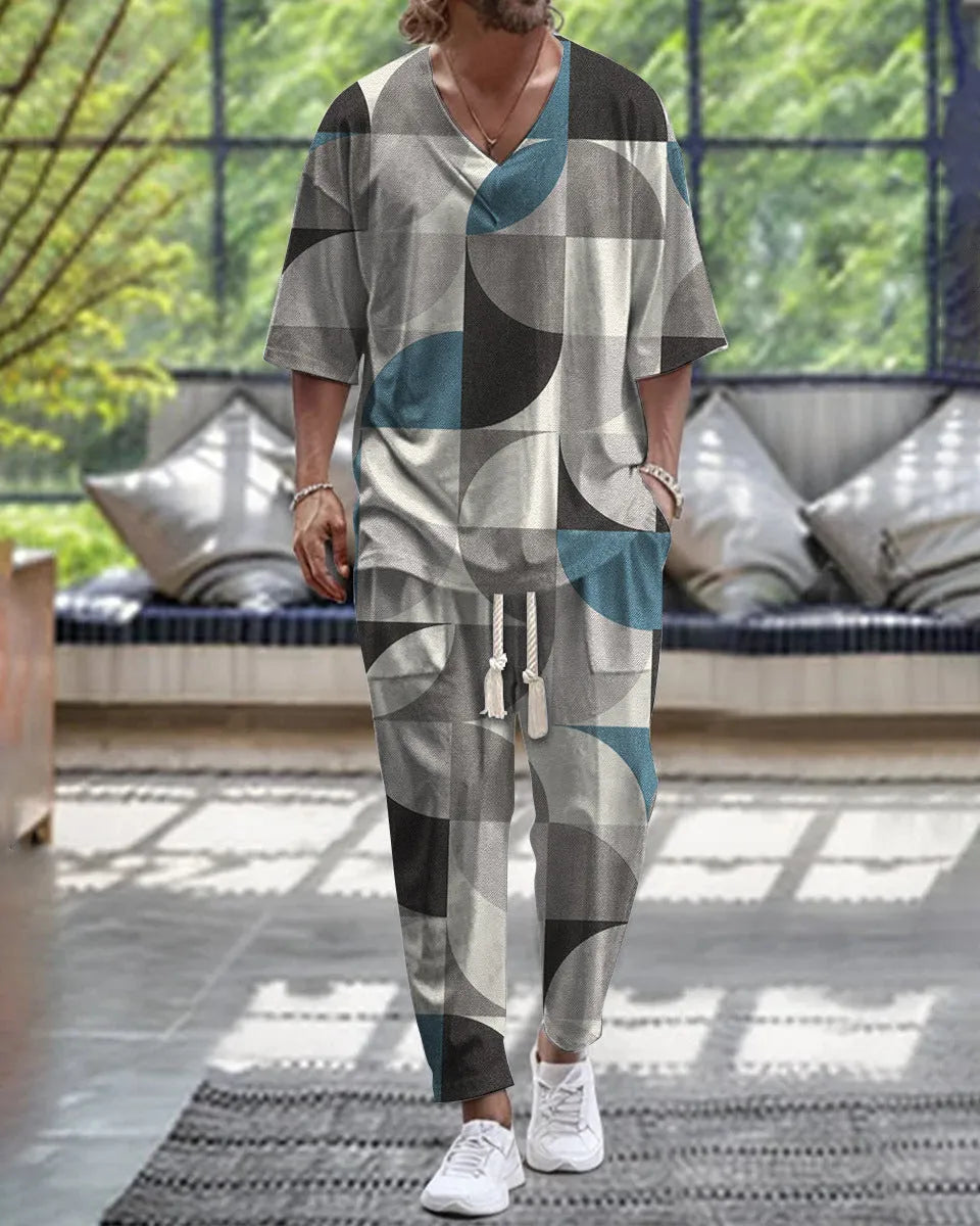 Cropped sleeves V-neck trousers suit in thin polyester fabric with matching top and pants