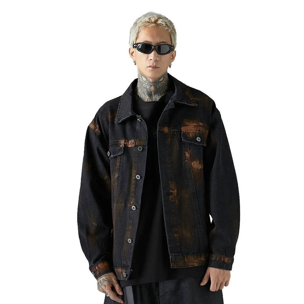 Men's black cotton denim jacket, street style, available in sizes M L XL