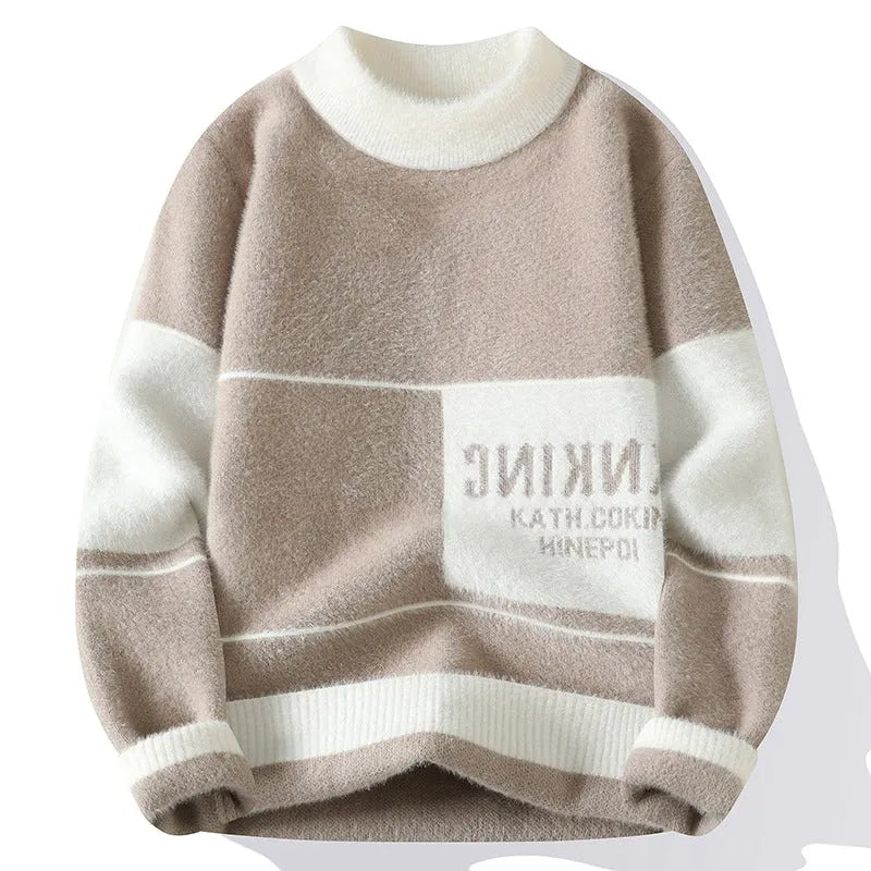 Semi-high neck thickened rabbit hair blend sweater in khaki, slim fit pullover for teenagers