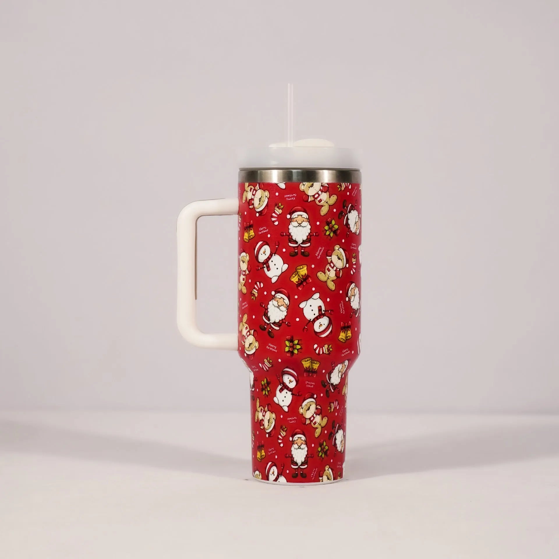 Christmas pattern stainless steel vacuum tumbler with handle, lid and straw - 1200ml capacity travel cup