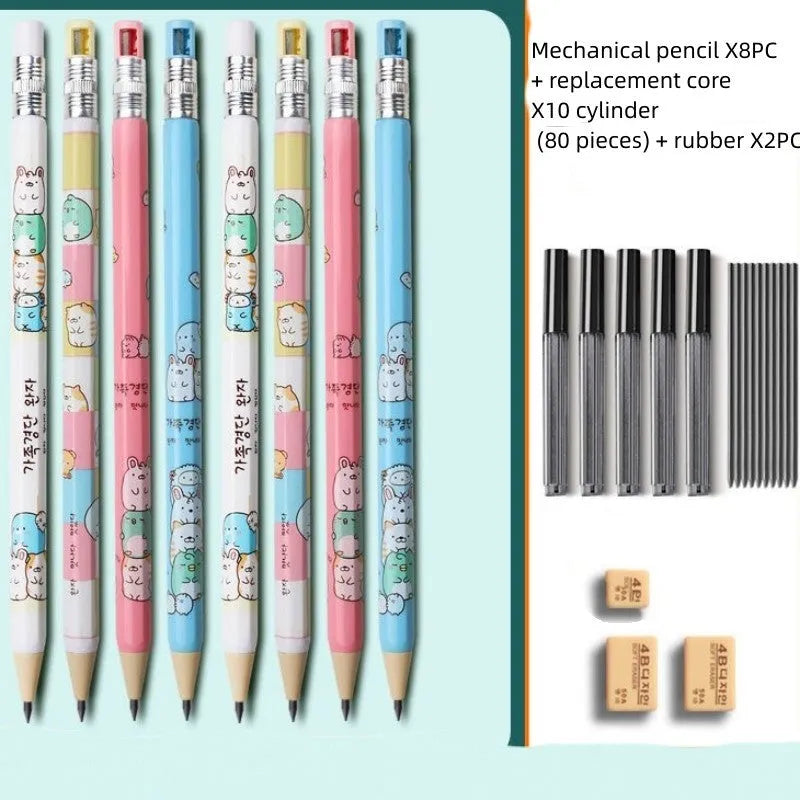 Set of colourful cartoon-style children's mechanical pencils with 2.0mm leads and separate rubber erasers.