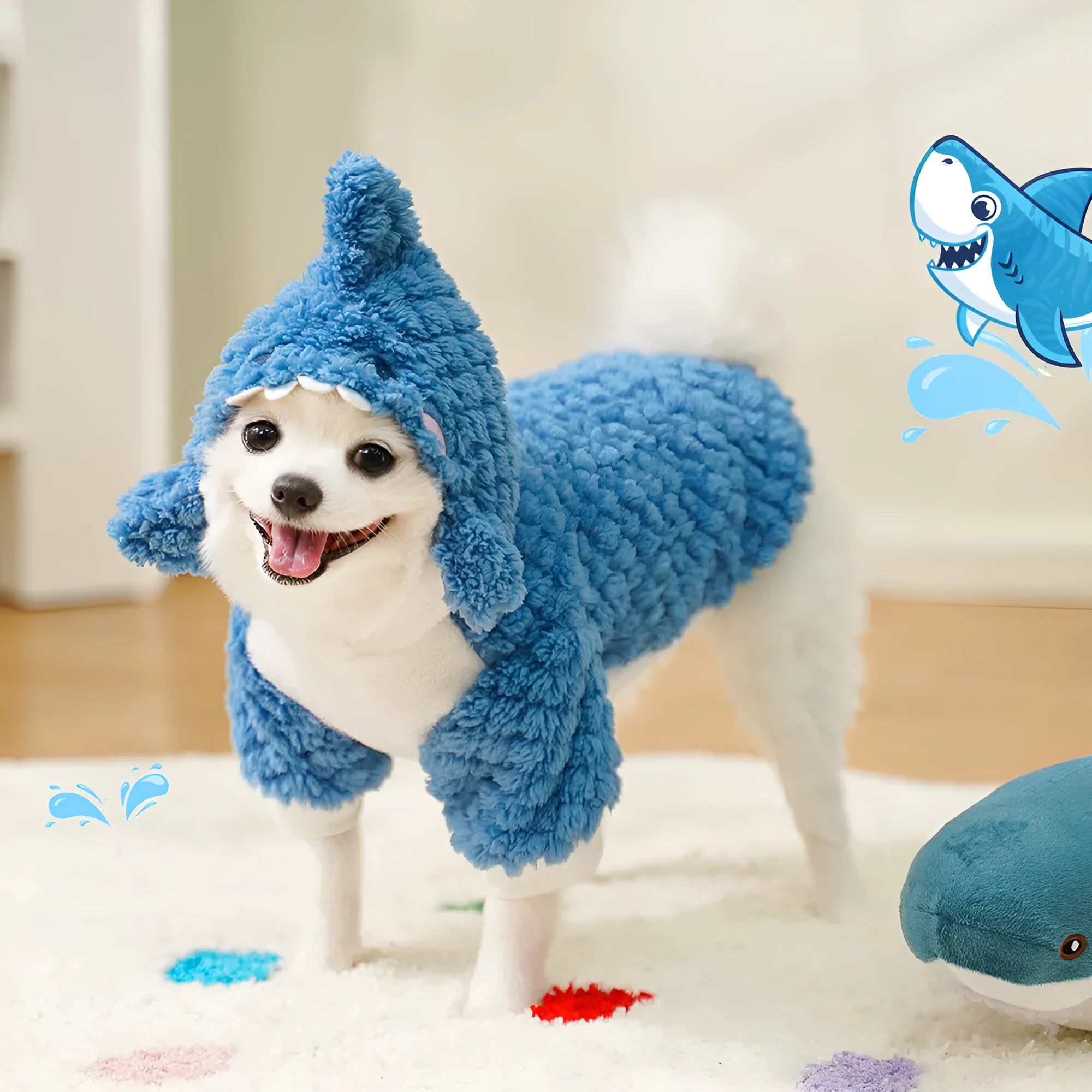Sea blue shark plush pet costume for dogs and cats with thickened polyester material