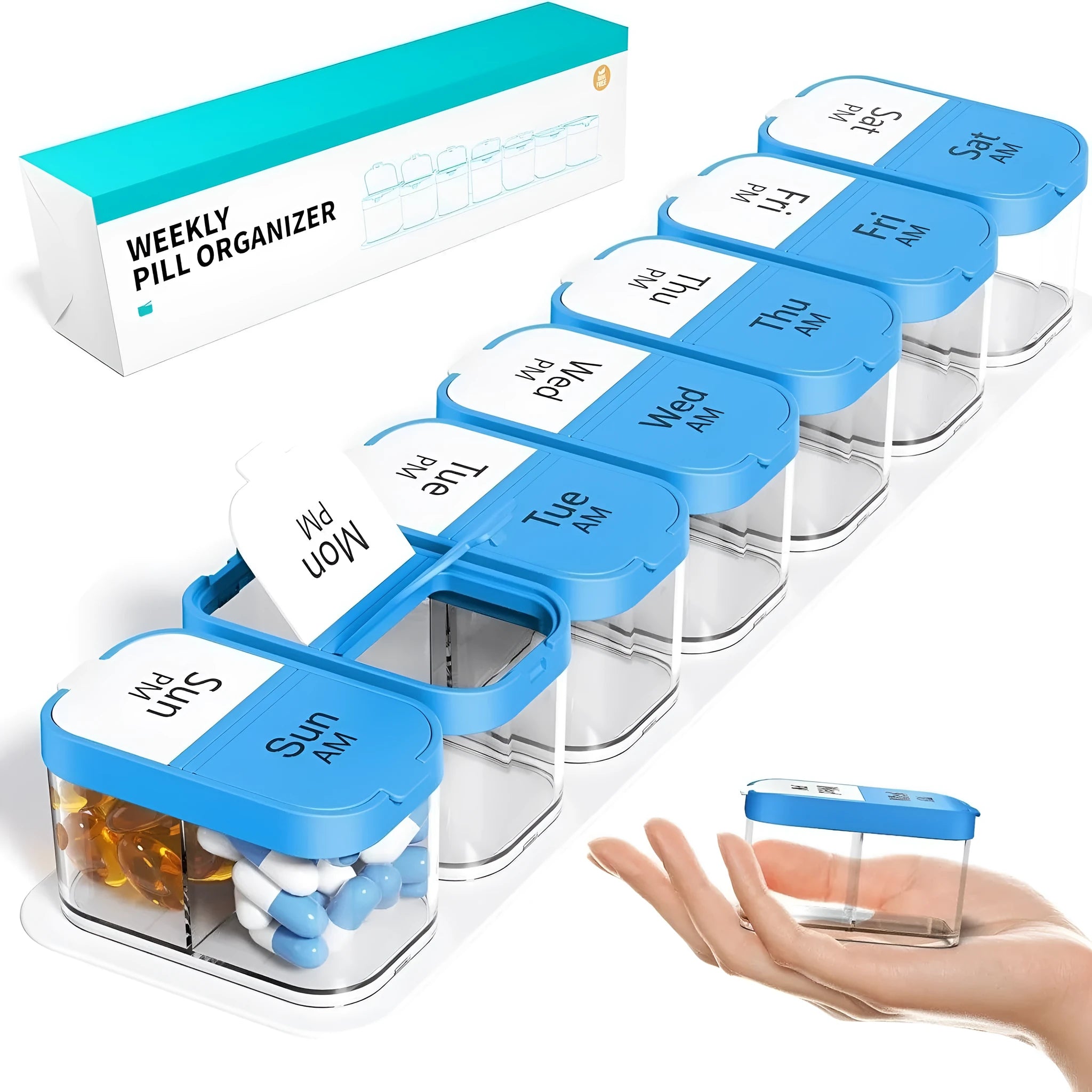 Amazon 14 compartment pill box with removable sections in white and rainbow colour options