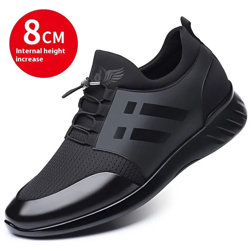 Men's black genuine leather height increase casual shoes with round toe and chunky heel.