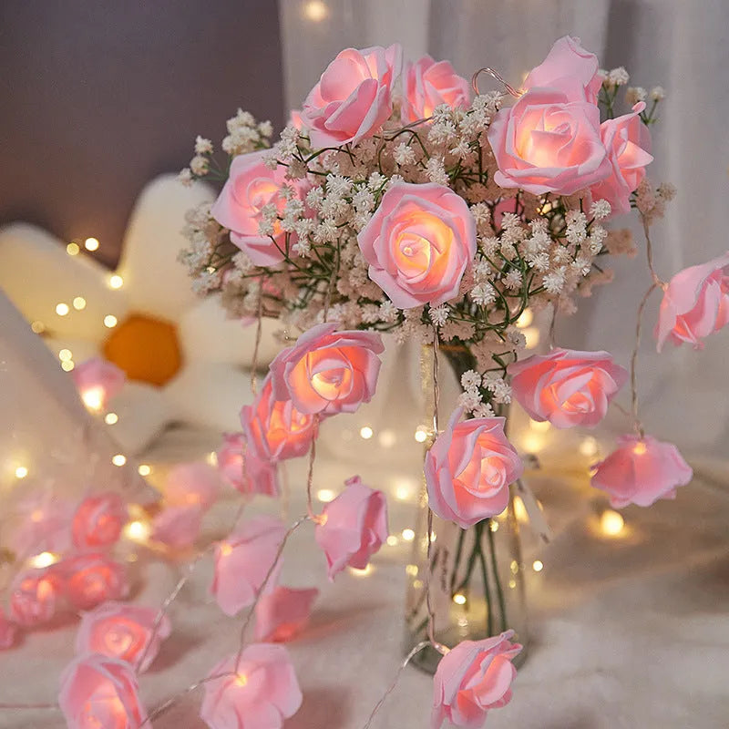 Indoor battery-powered LED rose decorative light string in one of seven colour options