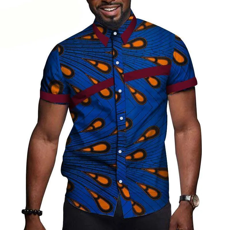 African men cotton printed short sleeve lapel t shirt with colourblock design, available in multiple colours