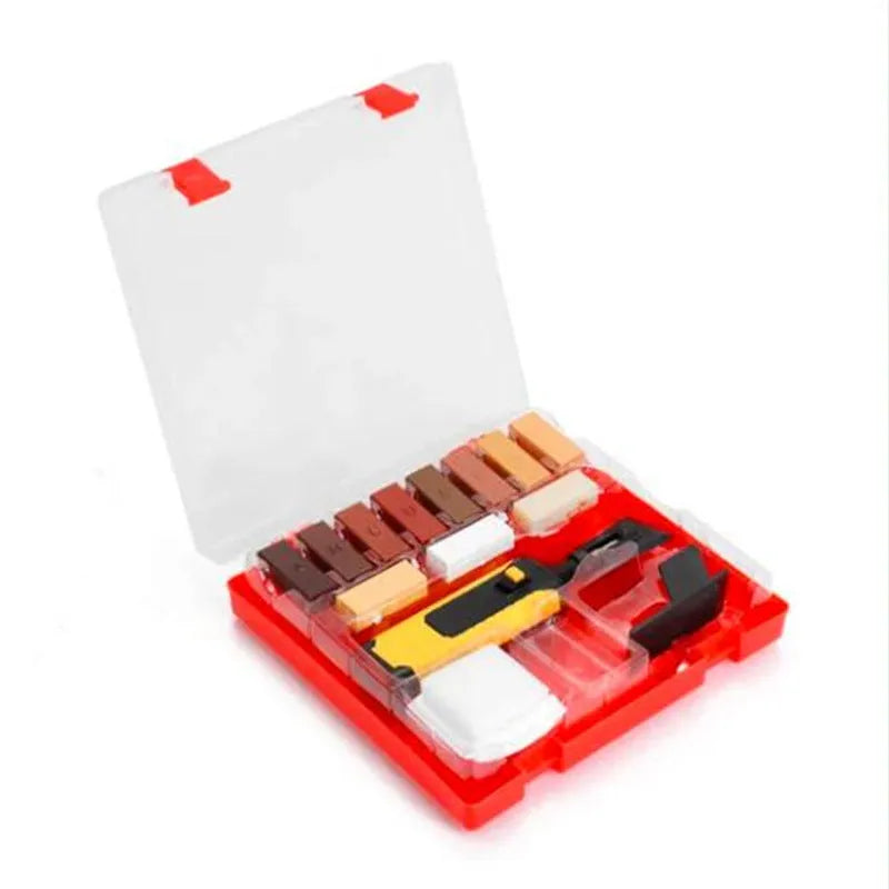 Floor repair kit with wax sticks and manual tools for DIY tile restoration