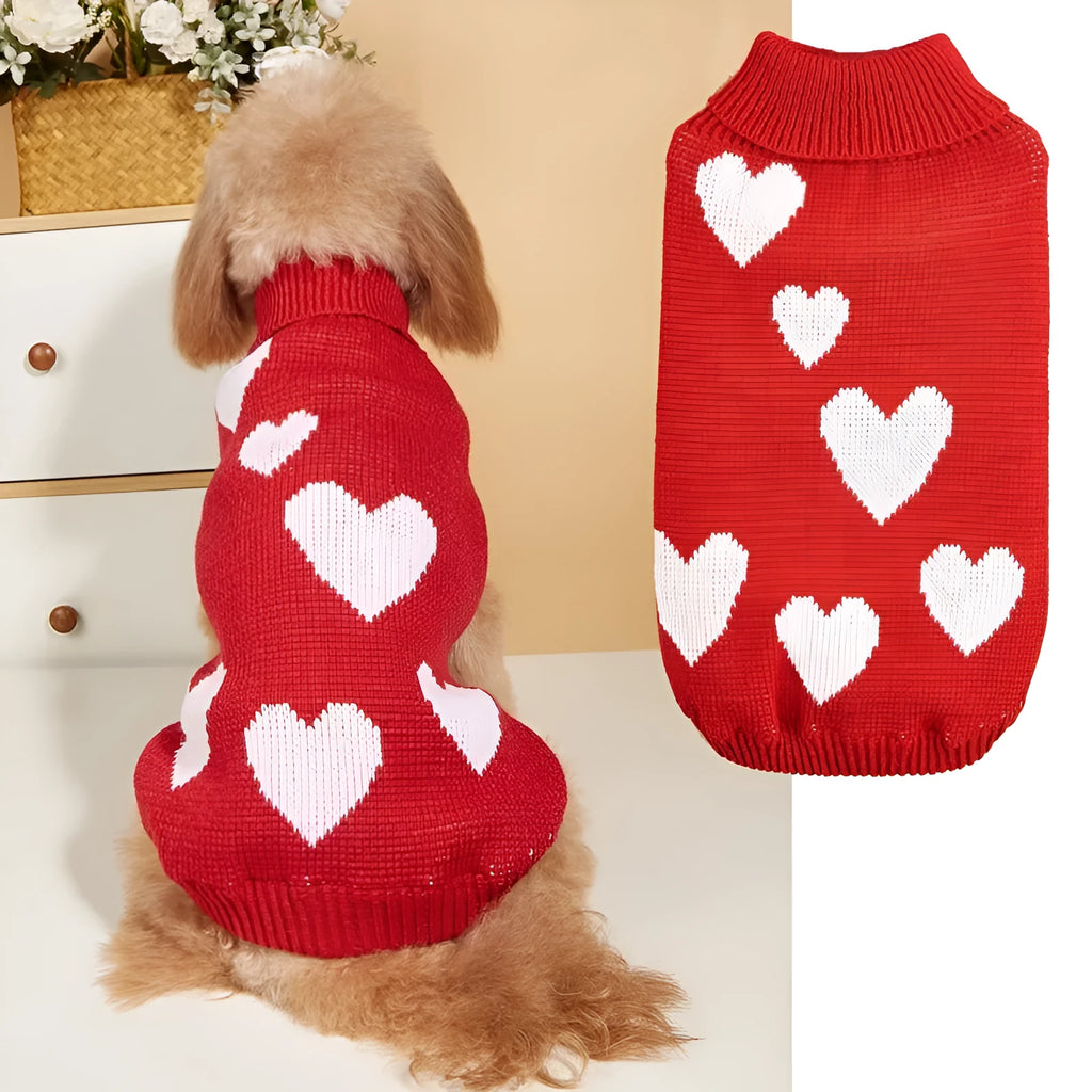 Dog knitted sweater in pink acrylic with love theme, sizes S to XXL for Valentine's Day