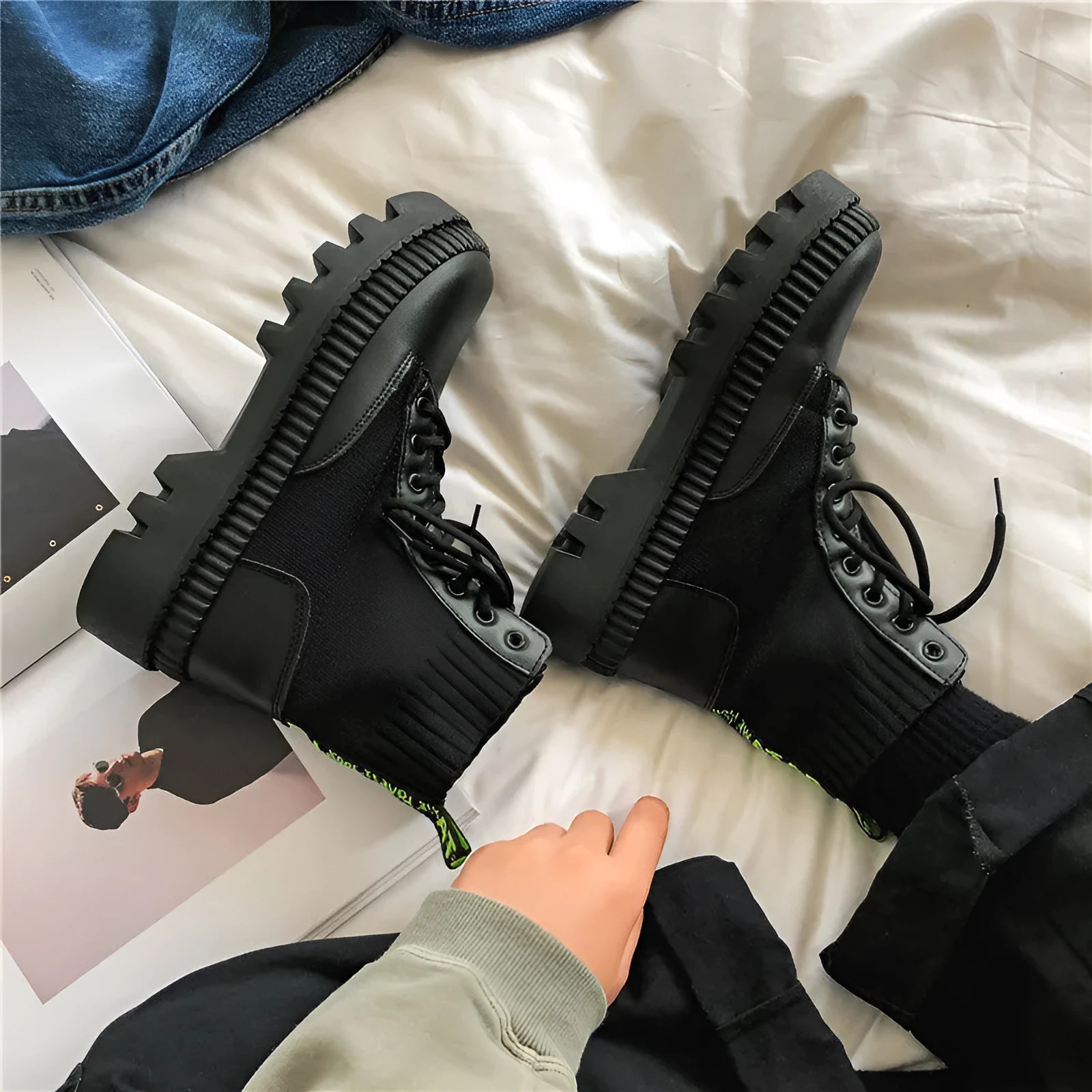 Men's black high-top platform boots with a side zipper, made from frosted cowhide leather.