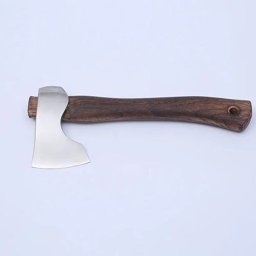 Camping axe with high carbon steel blade and wooden handle for outdoor wood chopping