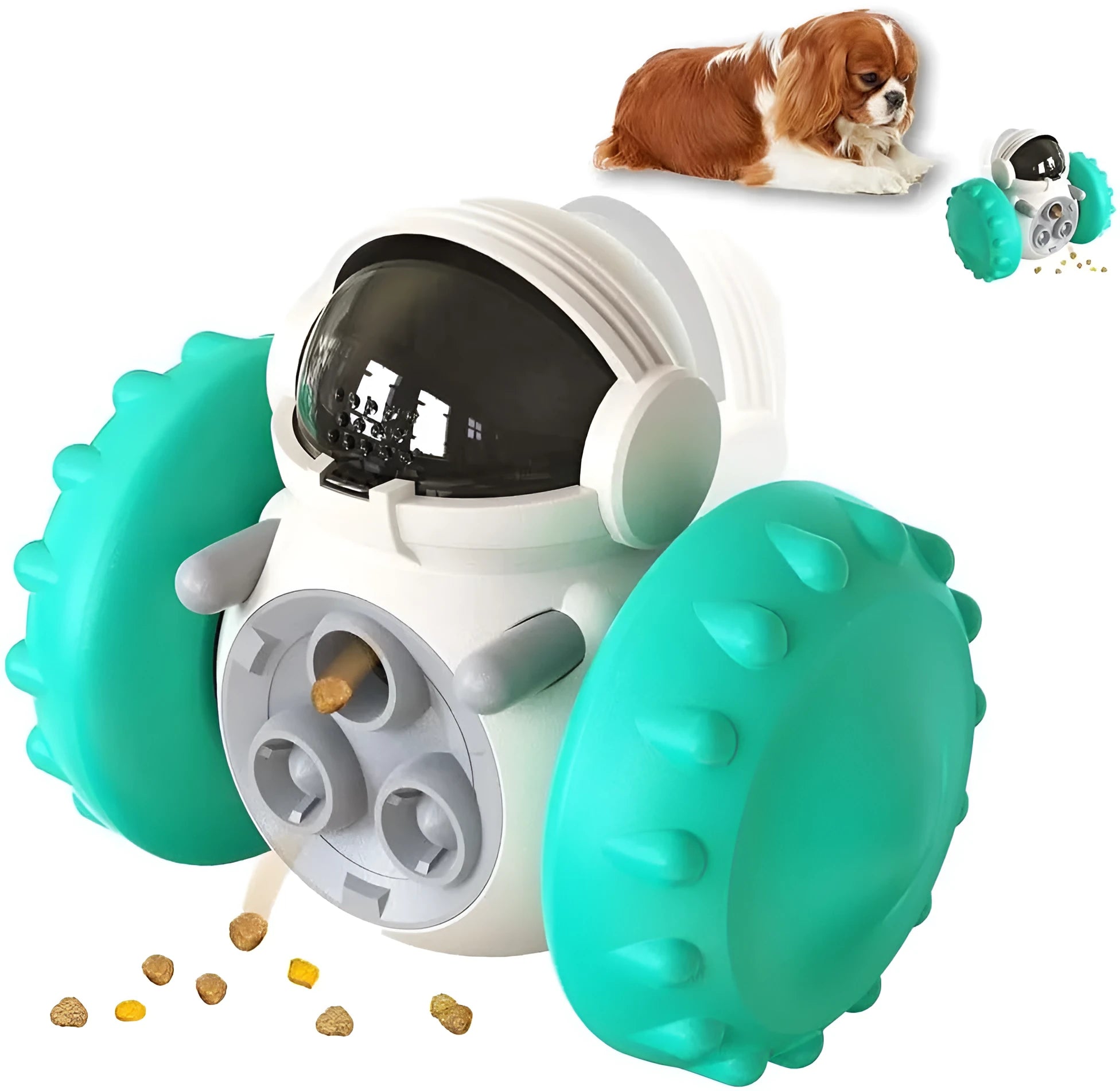 Robot design dog treat dispenser toy with roller mechanism in five colour options