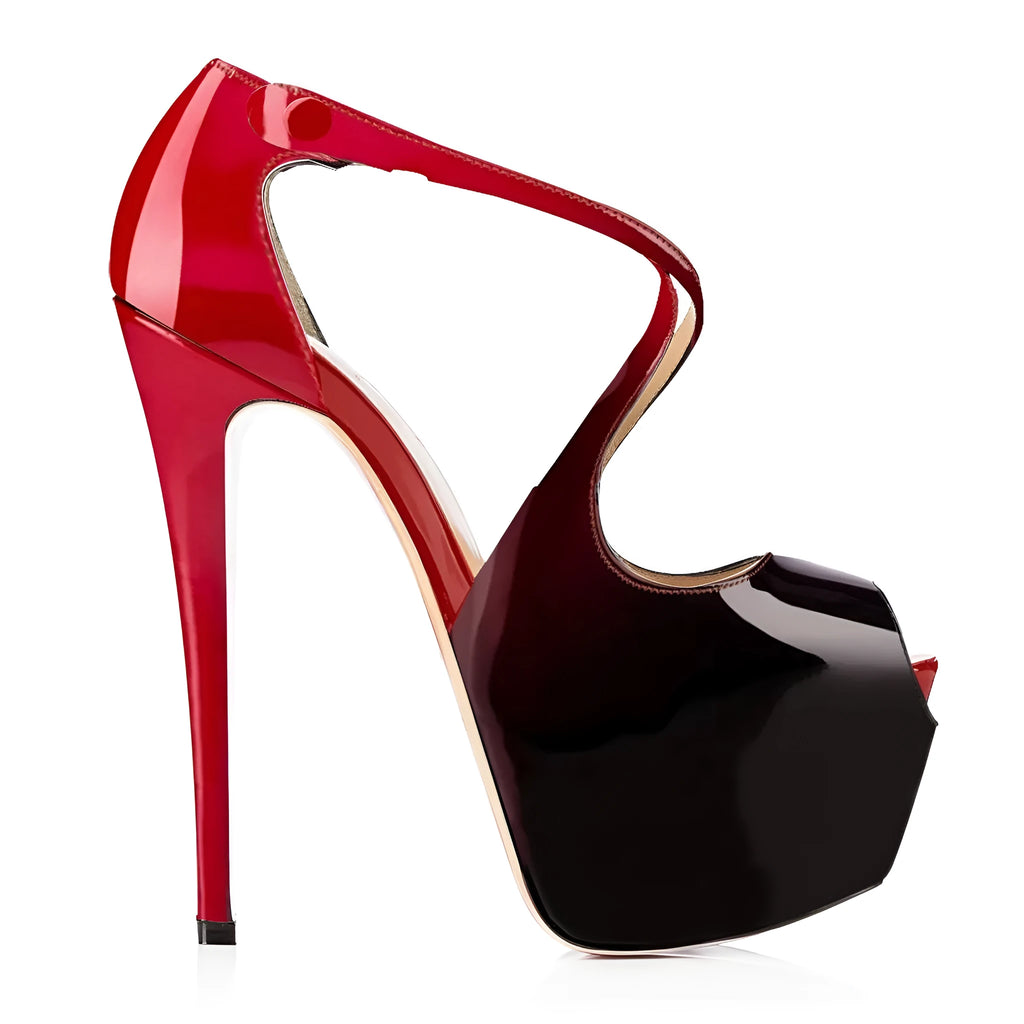 Black and red women's peep toe high heel shoes with cross ankle straps and a high heel