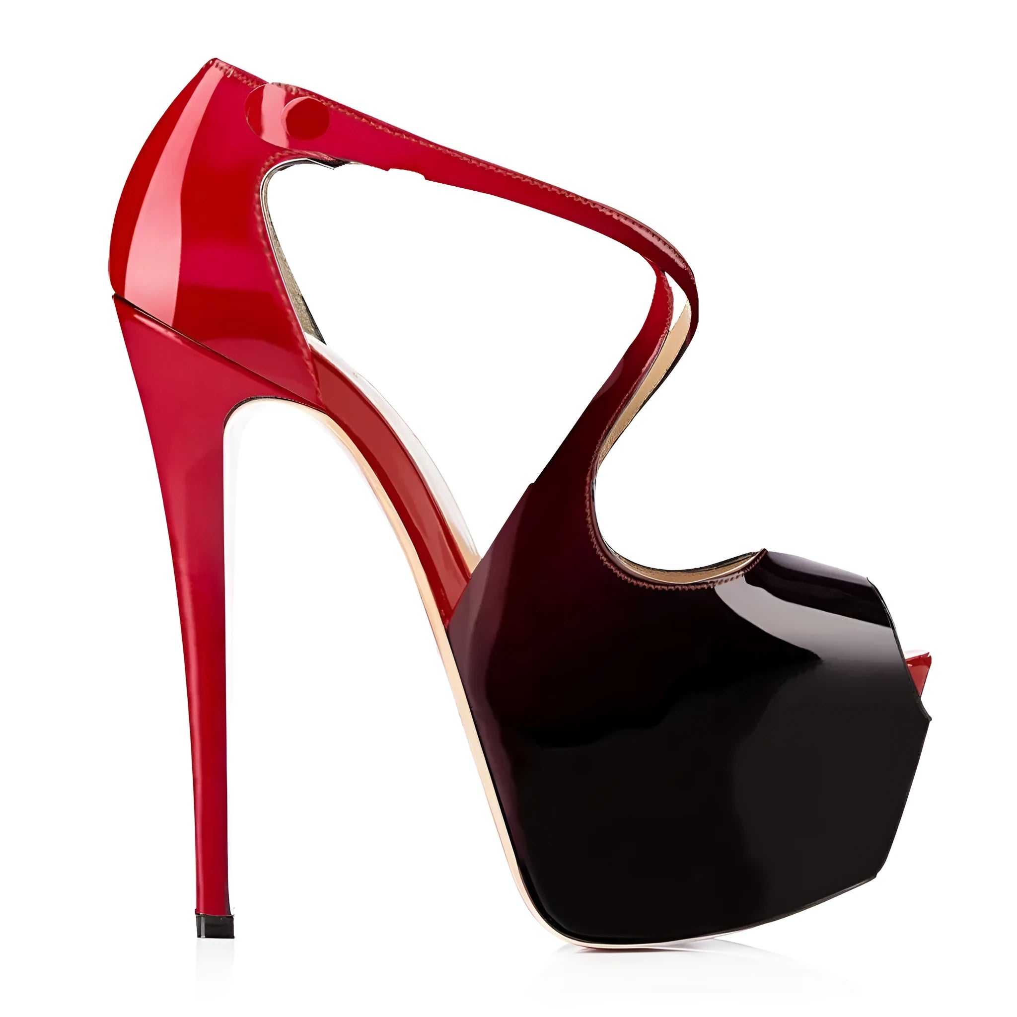Black and red women's peep toe high heel shoes with cross ankle straps and a high heel