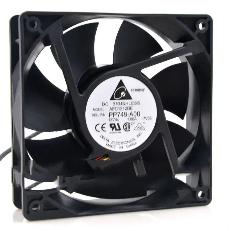 Delta AFC1212DE 12038 12V 1.6A PWM cooling fan with black frame and four-wire cable