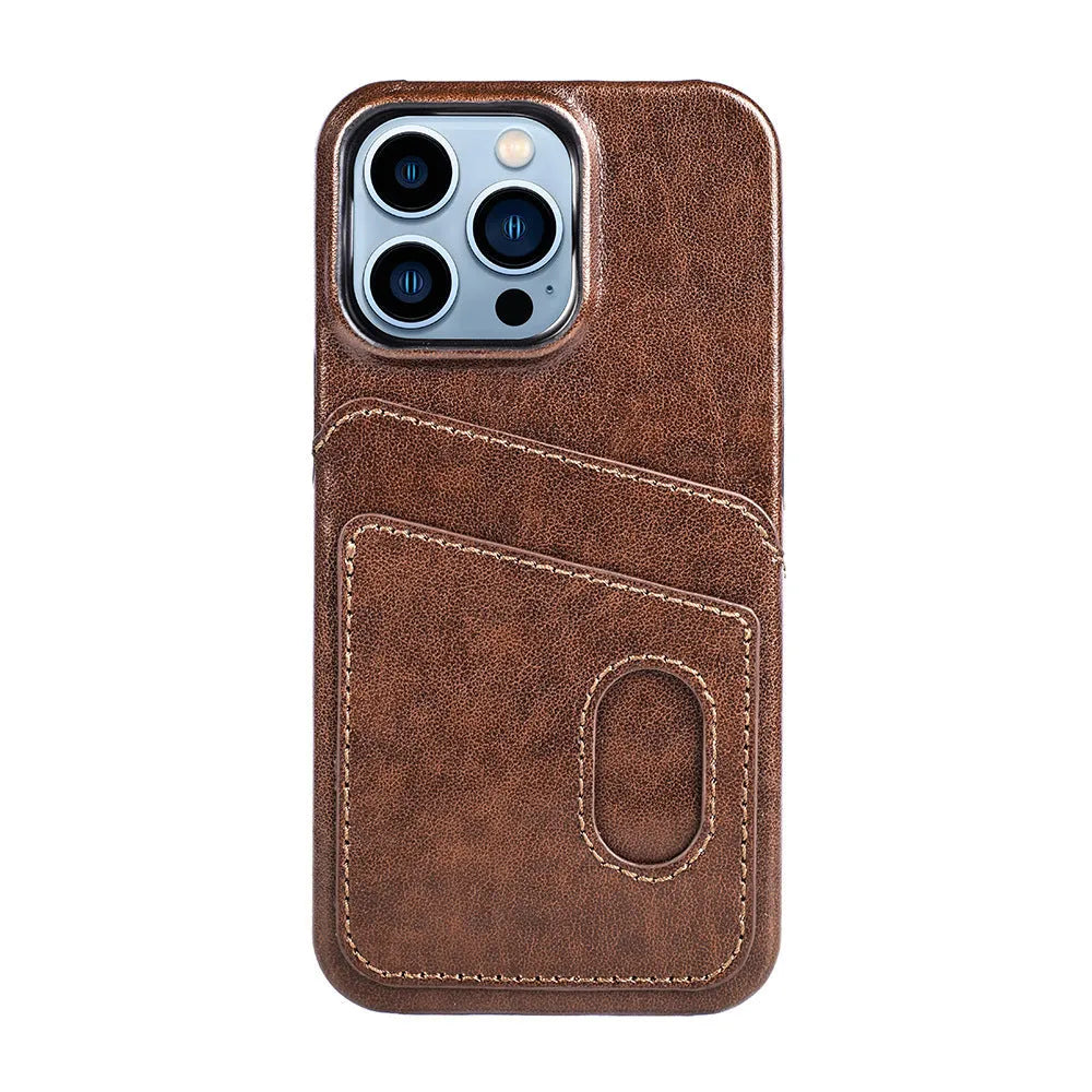 PU leather flip wallet phone case in brown, open view showing card slots for iPhone 13